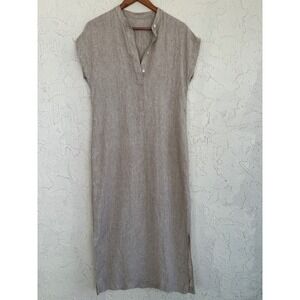 Linen Maxi Dress Women Medium Mandarin Collar Tunic Beige Minimalist Neutral